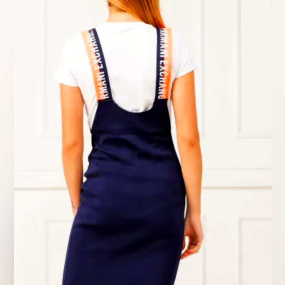 A | X ARMANI EXCHANGE NAVY BLUE STRETCHY DRESS WITH ORANGE NEON STRAPS LOGO NWOT - Picture 7 of 16